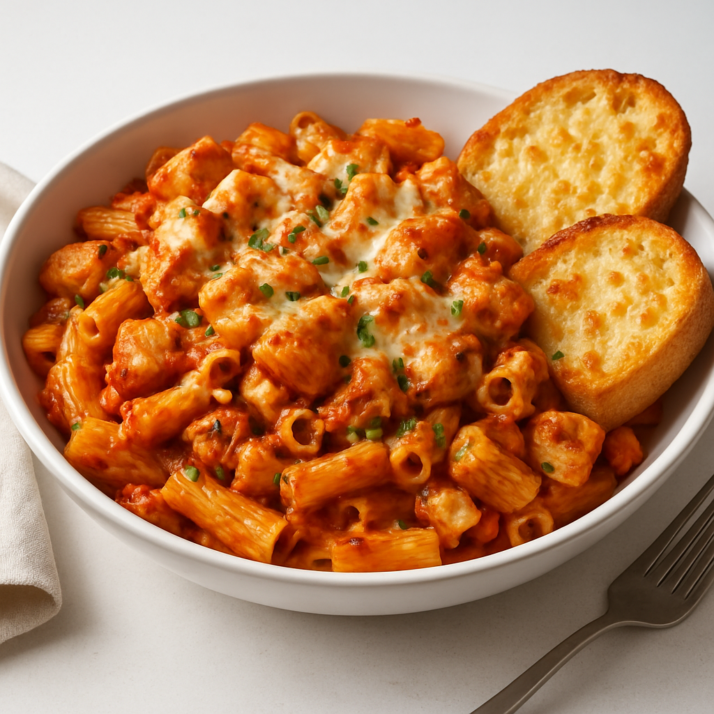 Fusion Tuna Pasta with Crispy Chicken & Cheese Bread