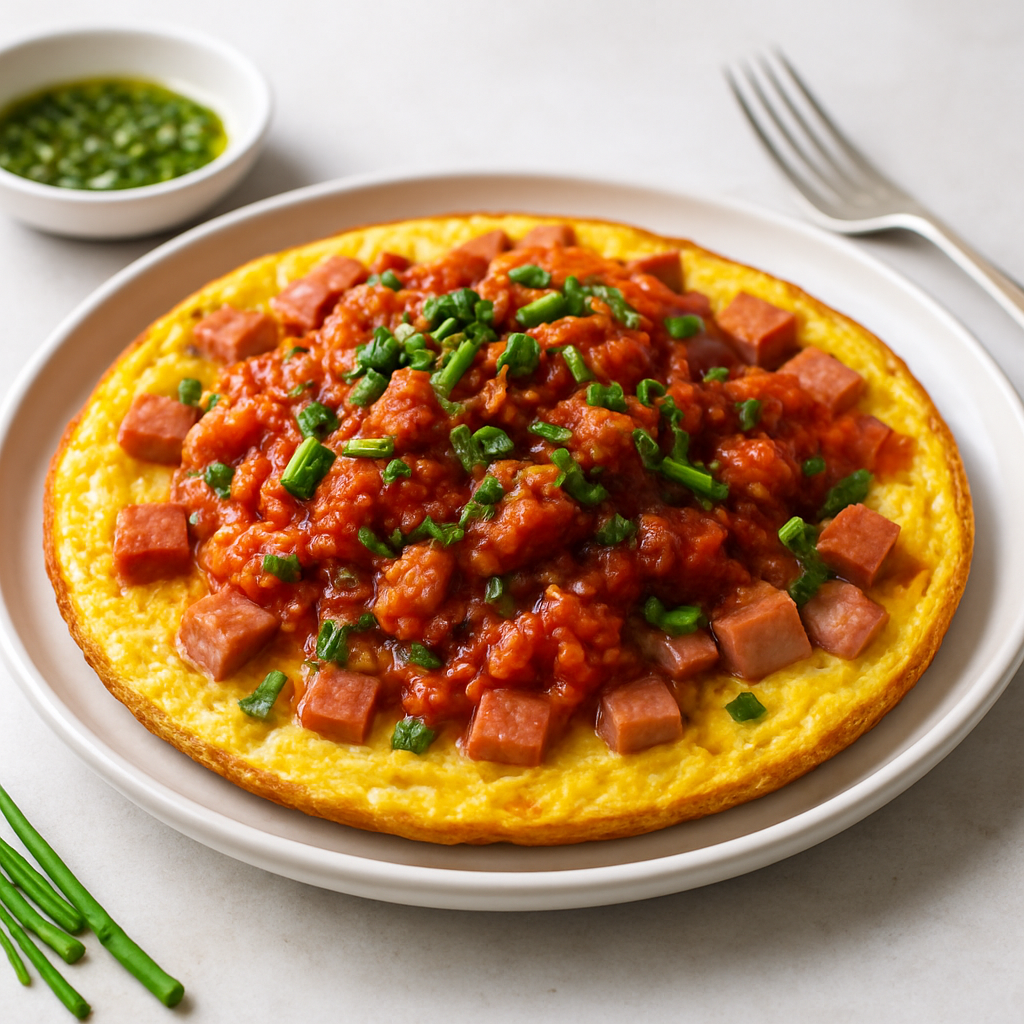Spam and Egg Frittata with Tomato-Tuna Ragù and Sesame Garlic Chive Oil